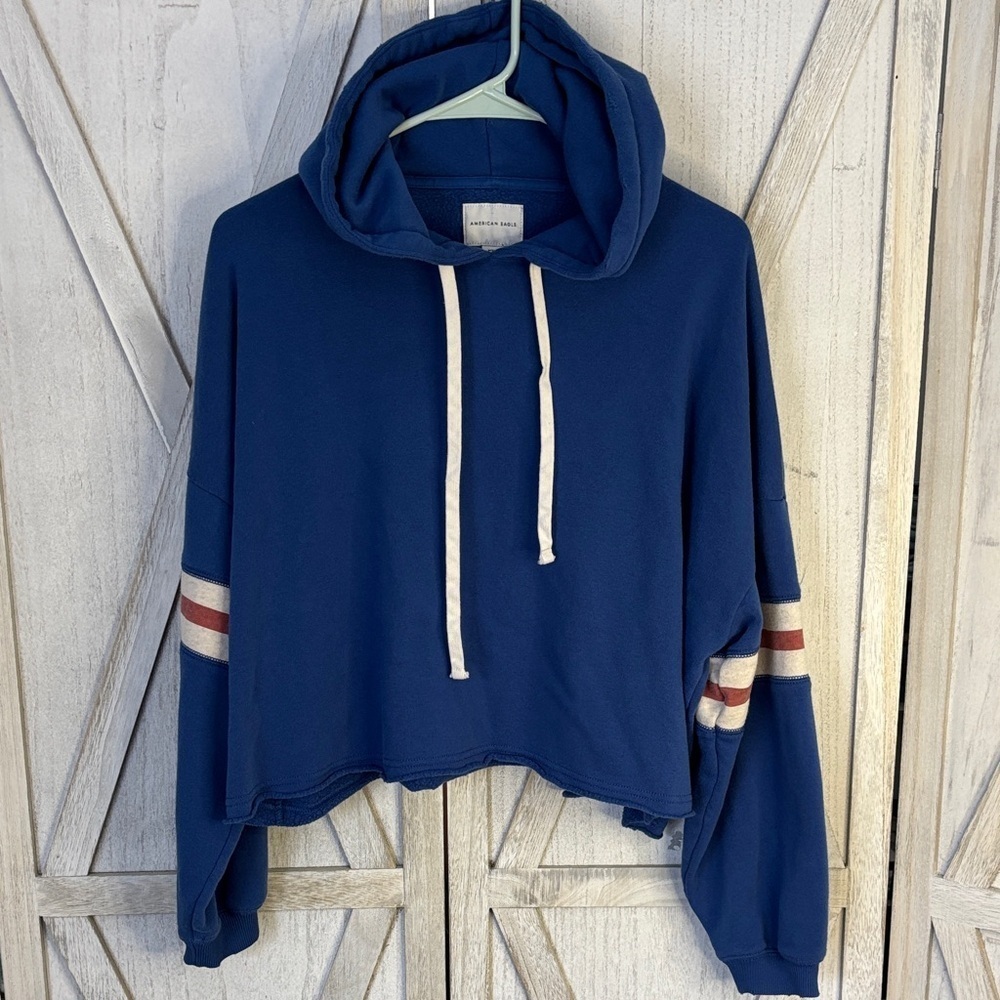 American Eagle Outfitters AE Blue Cropped Hoodie Striped Sleeves Size M